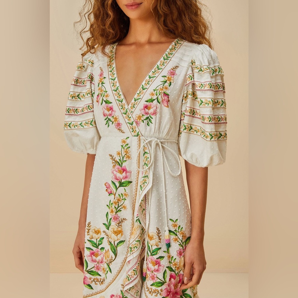 FARM Rio White Midi Dress with Pink & Green Floral Embroidery - Picture 3 of 9